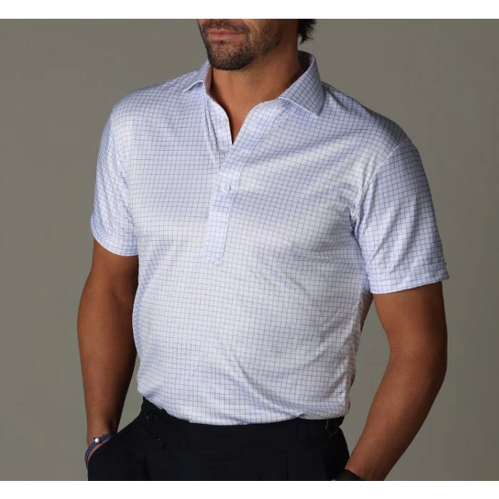 NWT Collars & Co. Men’s Semi-Spread Collar Performance Polo Thin Blue Check SZ S